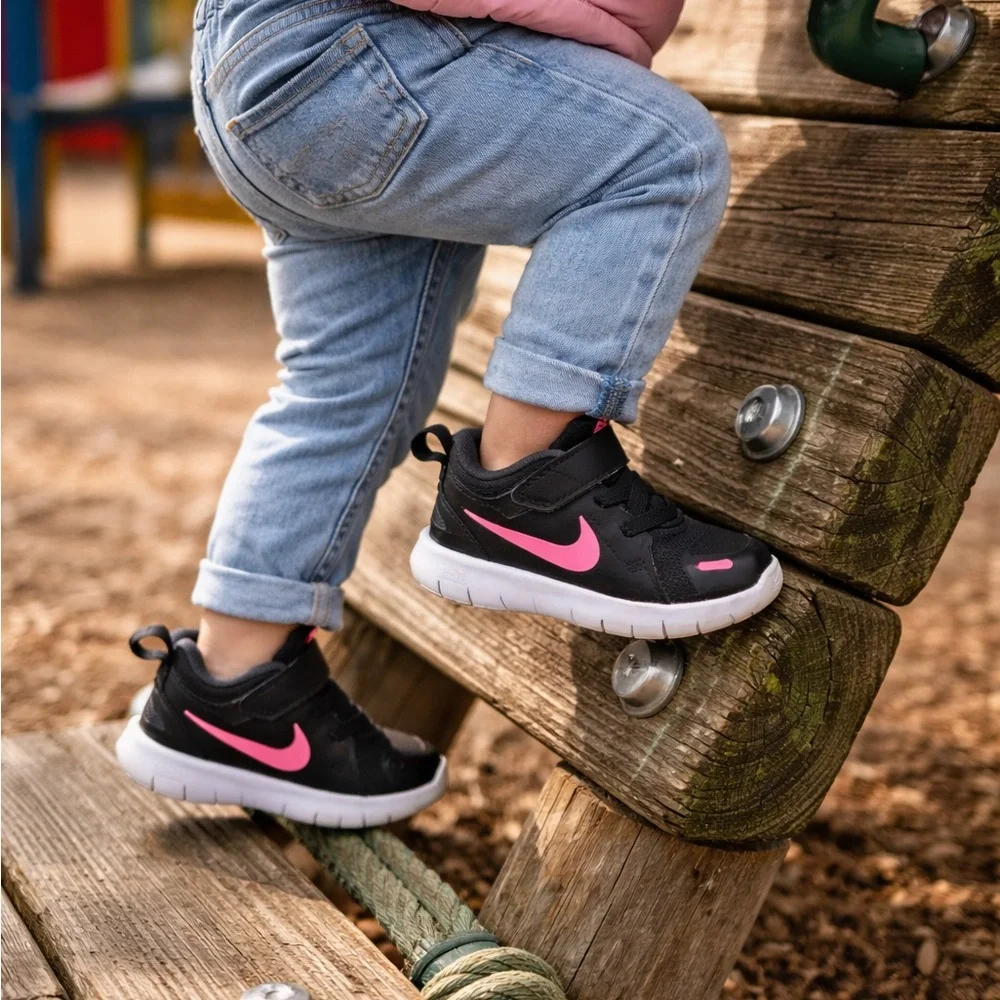 Nike Flex Toddler Sneakers Black Pink Size 5C Velcro Running Shoes - Picture 3 of 7